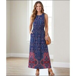 Adrianna Papell Maxi Dress Small S Blue Pink Paisley Smocked Waist Boho Chic